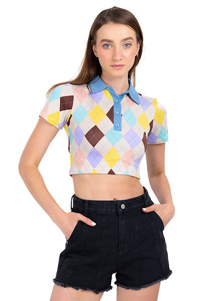 Top crop polo rombos TAUPE