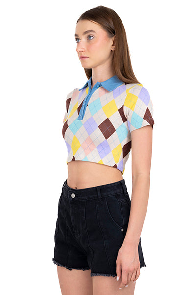 Top crop polo rombos TAUPE