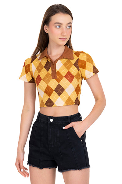 Top crop polo rombos CAMELLO