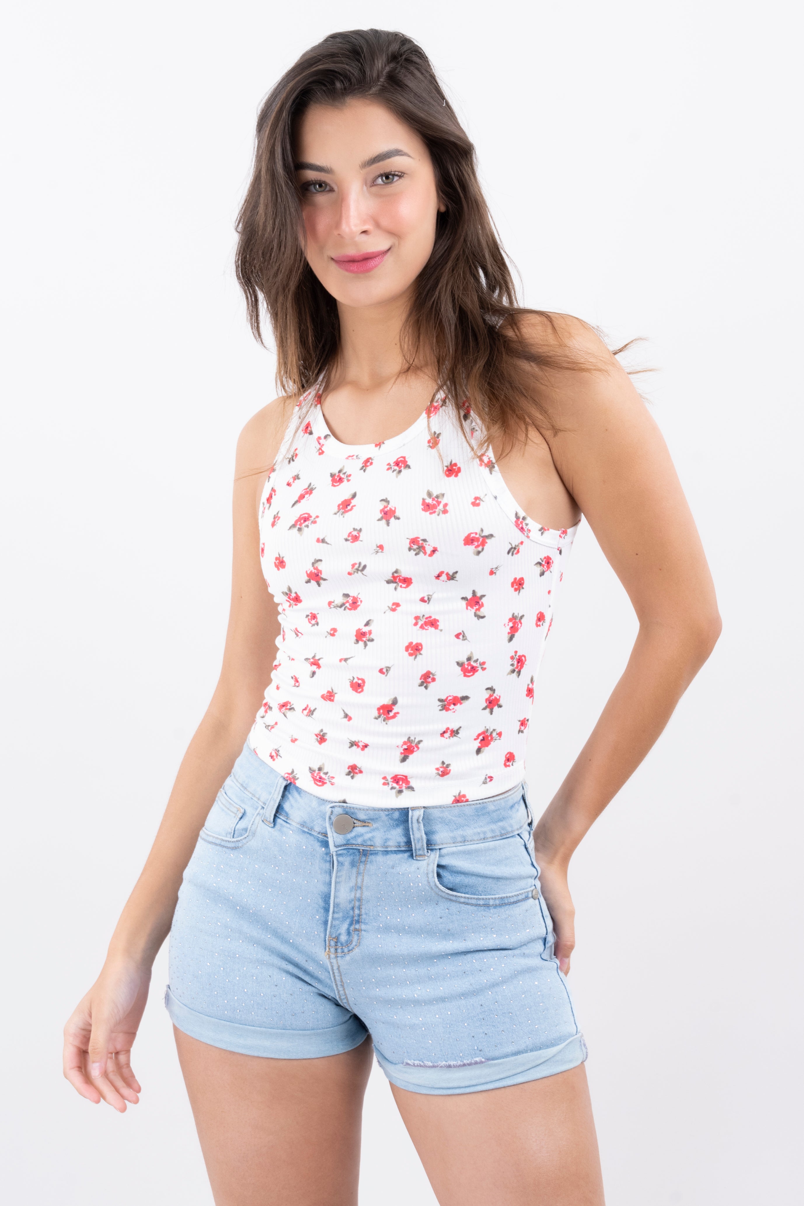 Top acanalado flores BLANCO COMBO
