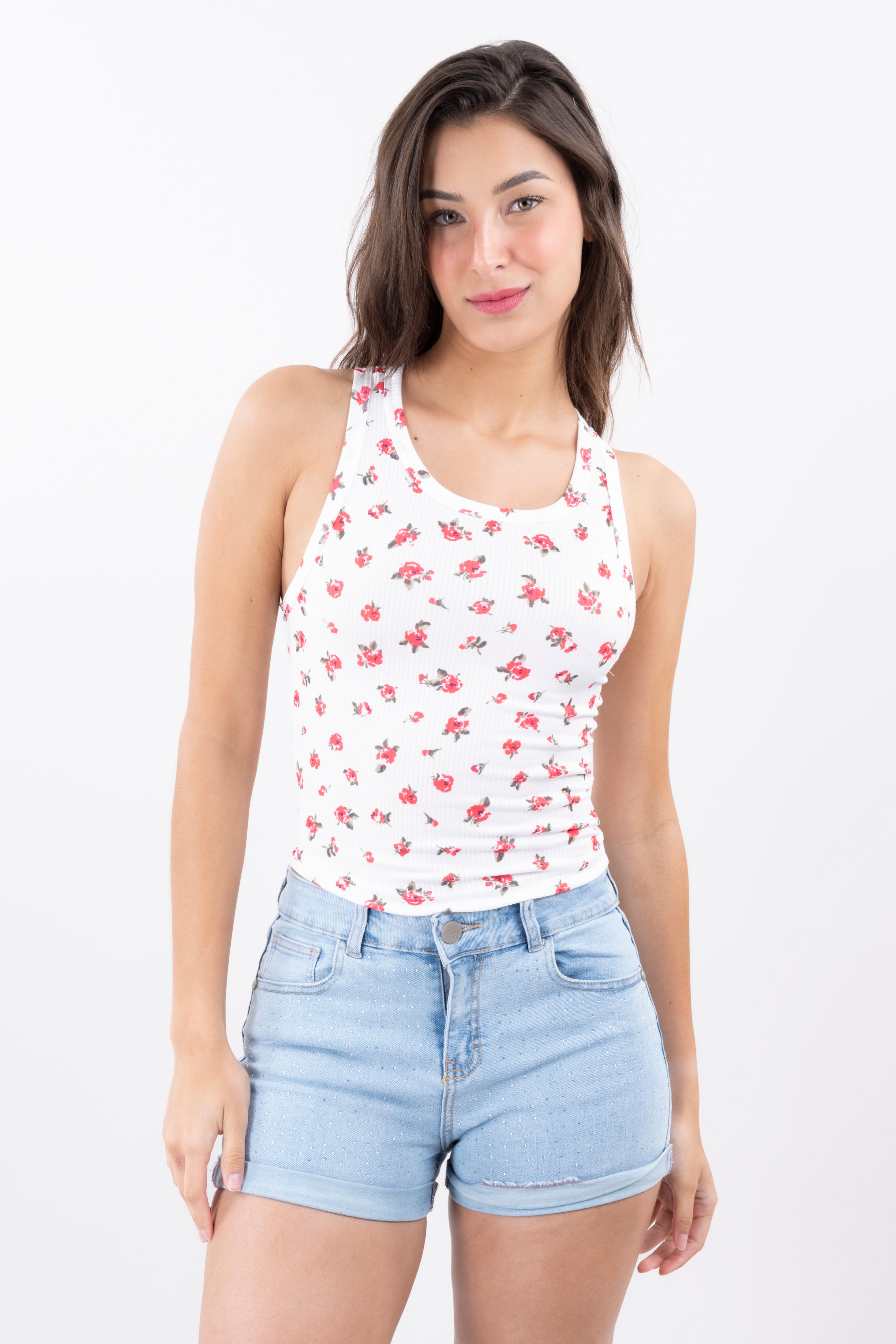 Top acanalado flores BLANCO COMBO