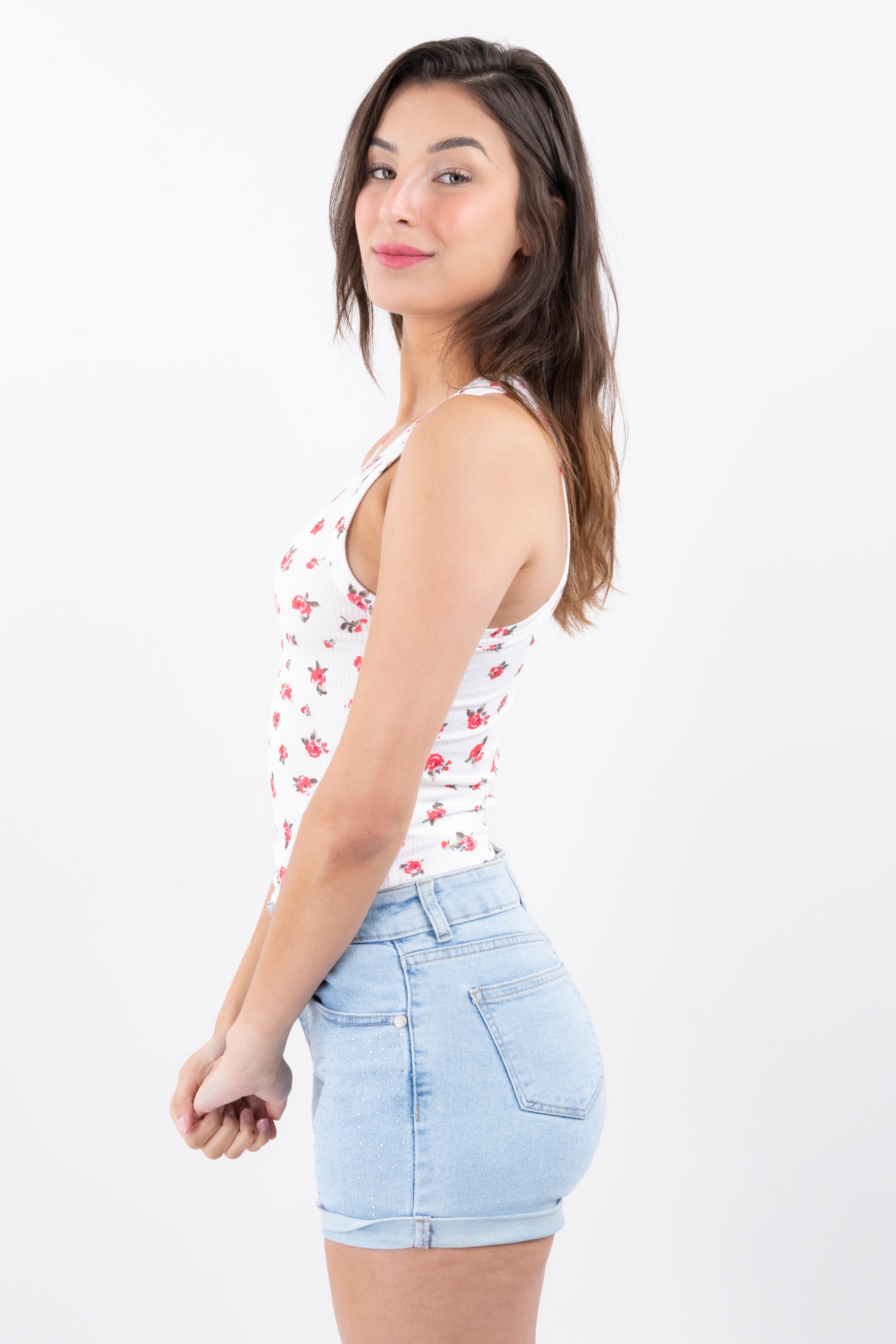 Top acanalado flores BLANCO COMBO