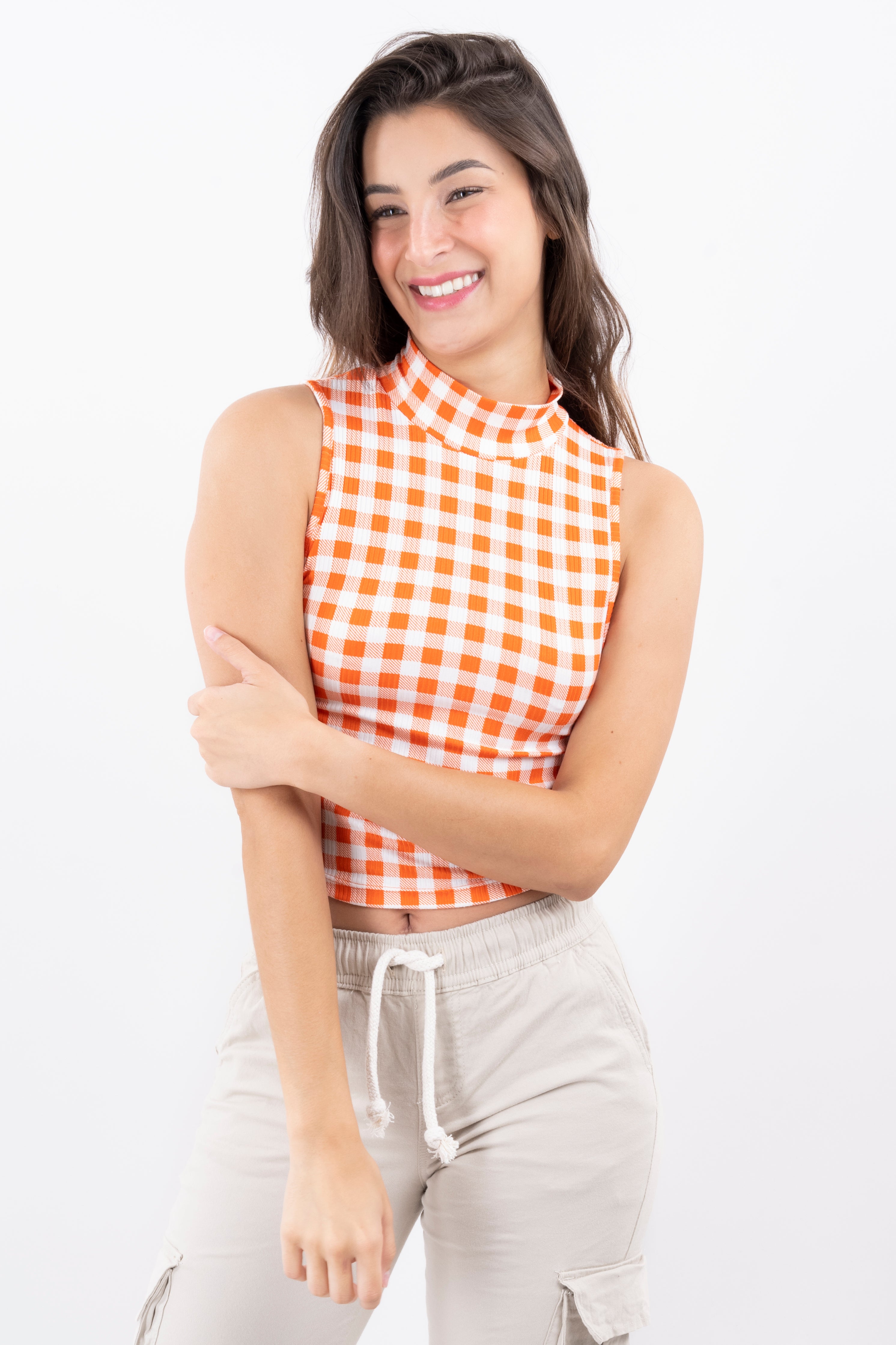 Top cuello alto cuadros BLANCO COMBO