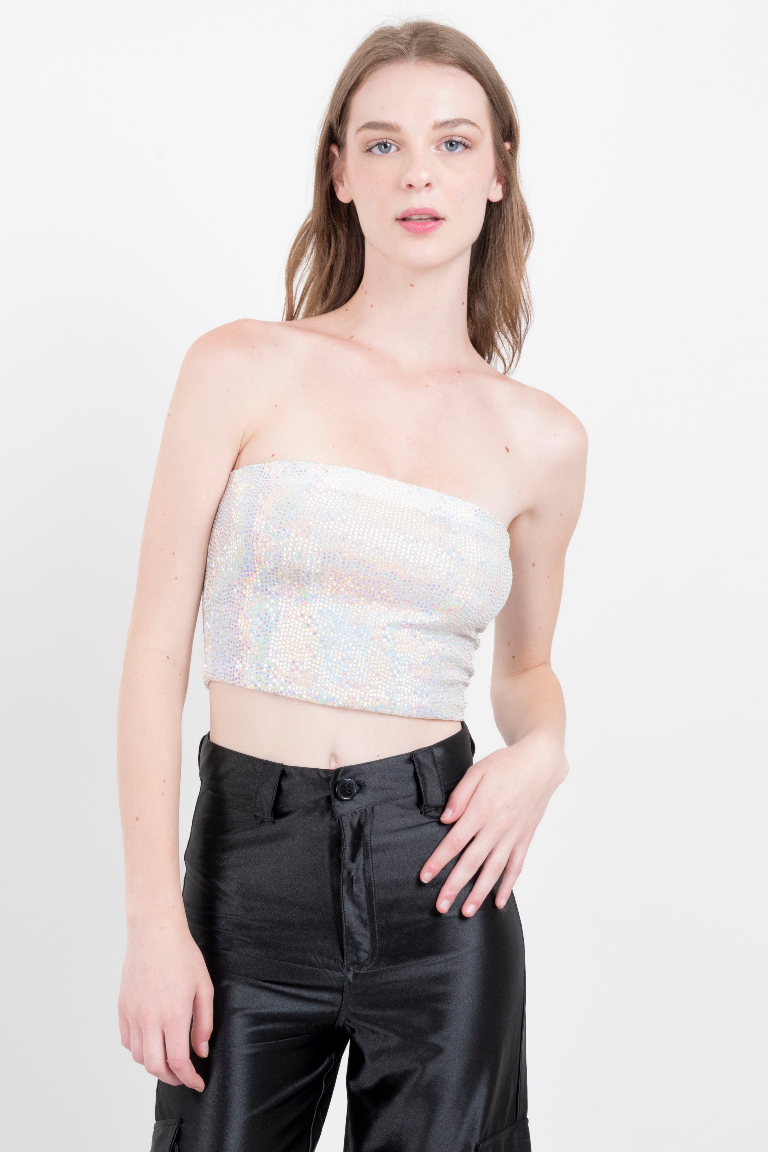 Top strapless brillos tornasol