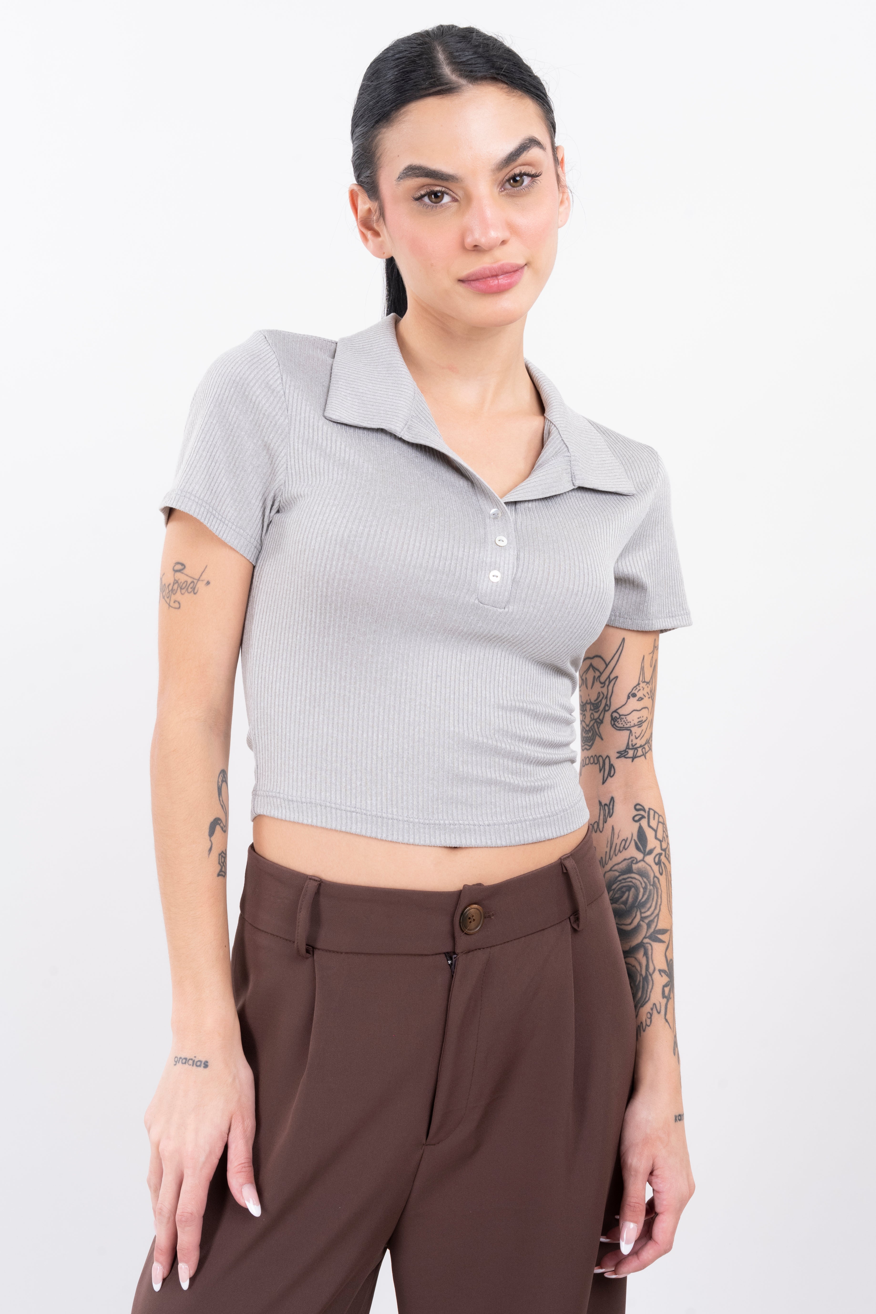 Top polo manga corta rib GRIS
