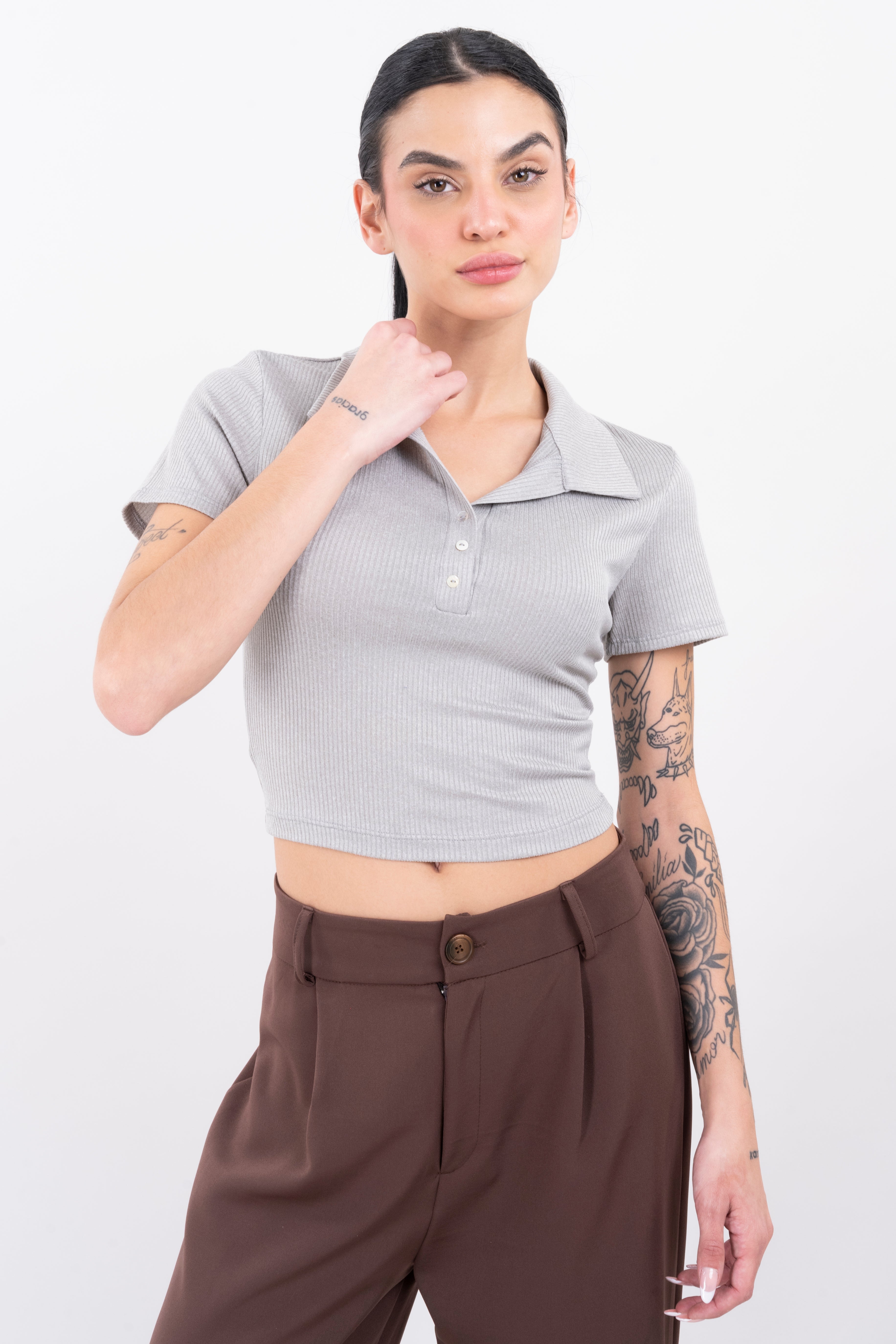 Top polo manga corta rib GRIS