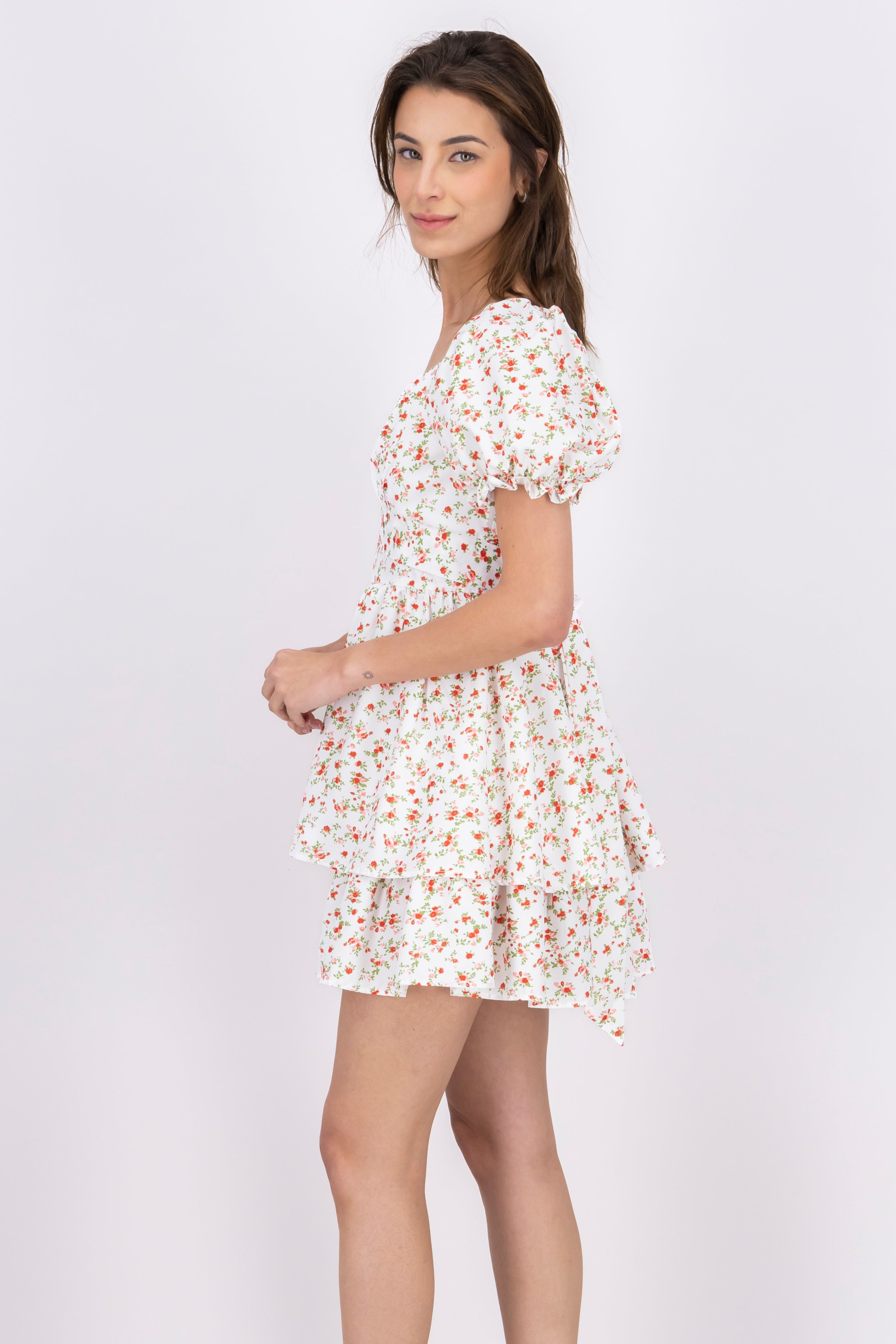 Vestido mini olanes flores BLANCO COMBO