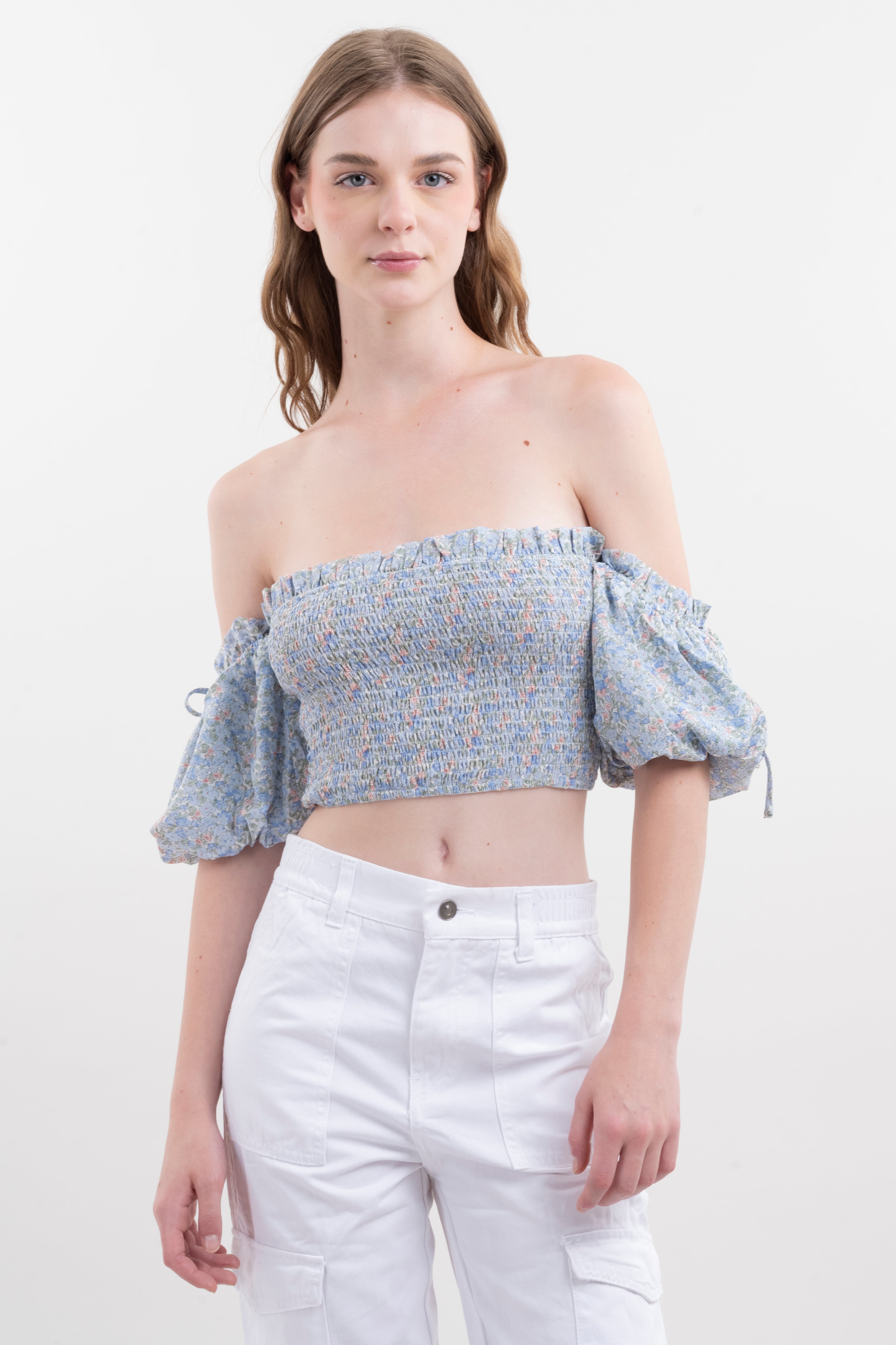Top plisado hombros descubiertos AZUL COMBO