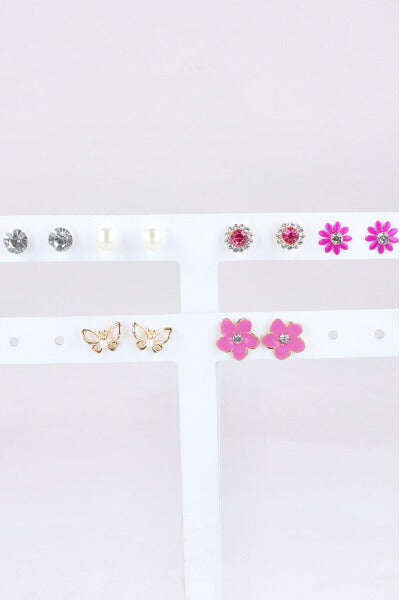 6Pr Aretes Mariposa Flor Color ROSA
