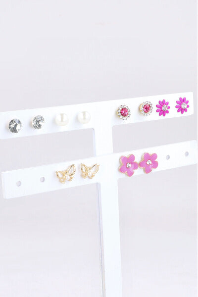 6Pr Aretes Mariposa Flor Color ROSA