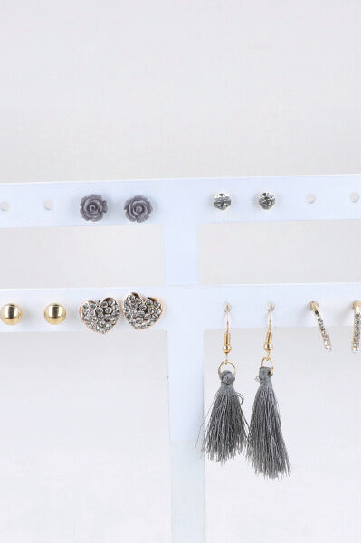 6Pr Aretes Corazon Tassel GRIS