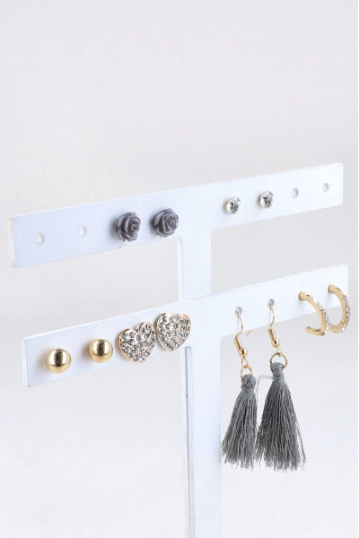6Pr Aretes Corazon Tassel GRIS