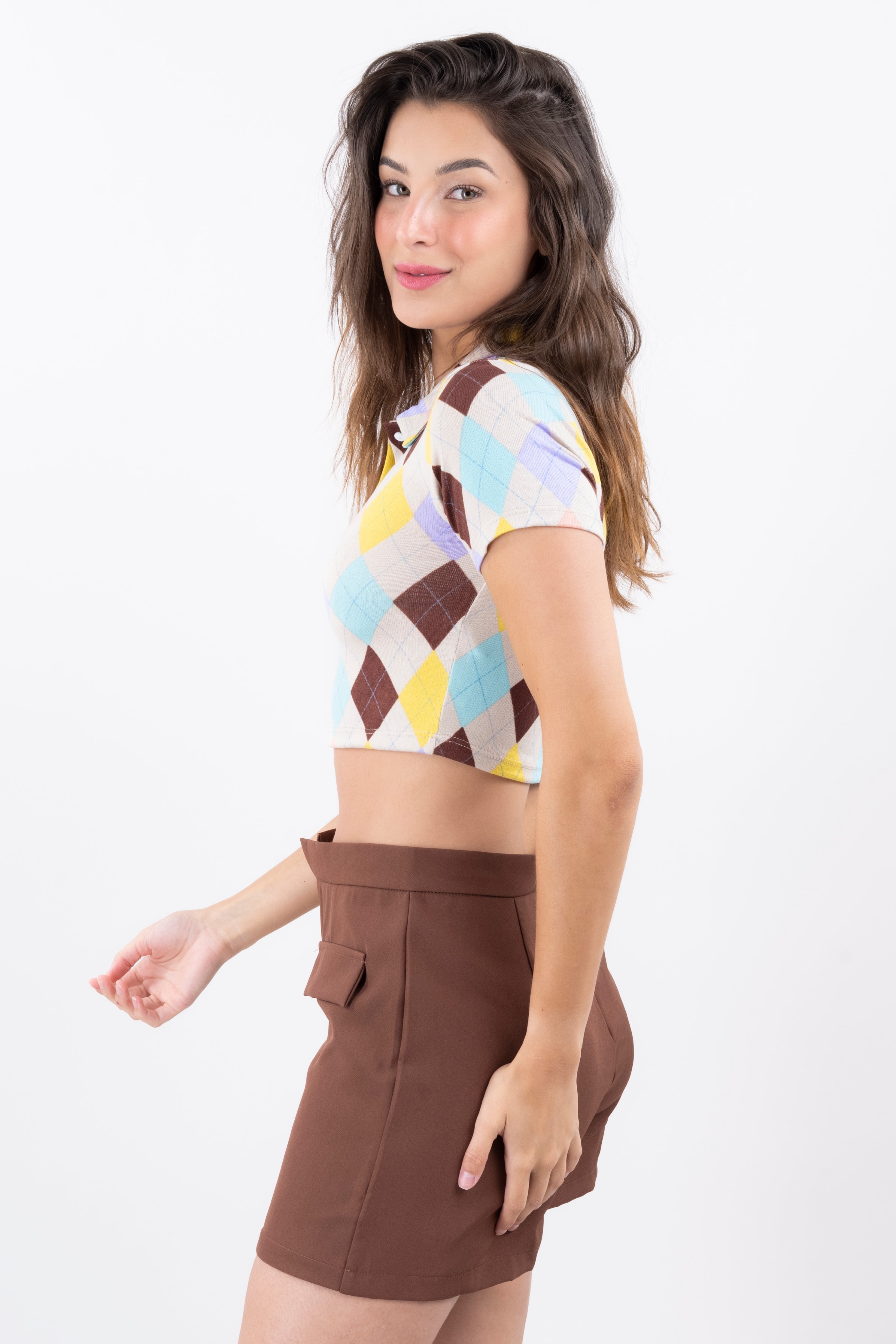 Top cuello polo rombos CAFE COMBO