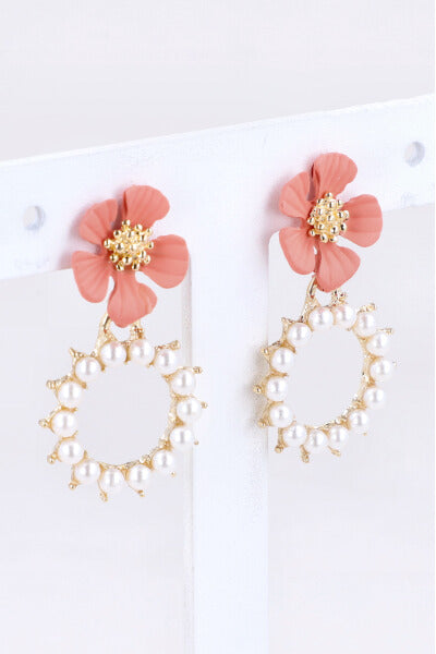 Aretes Flor Circulo Perlas ROSA