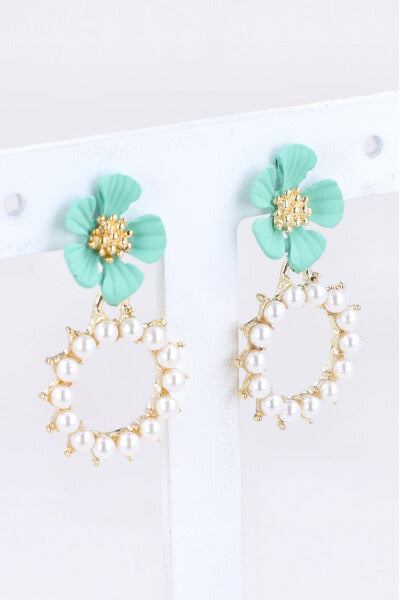 Aretes Flor Circulo Perlas VERDE