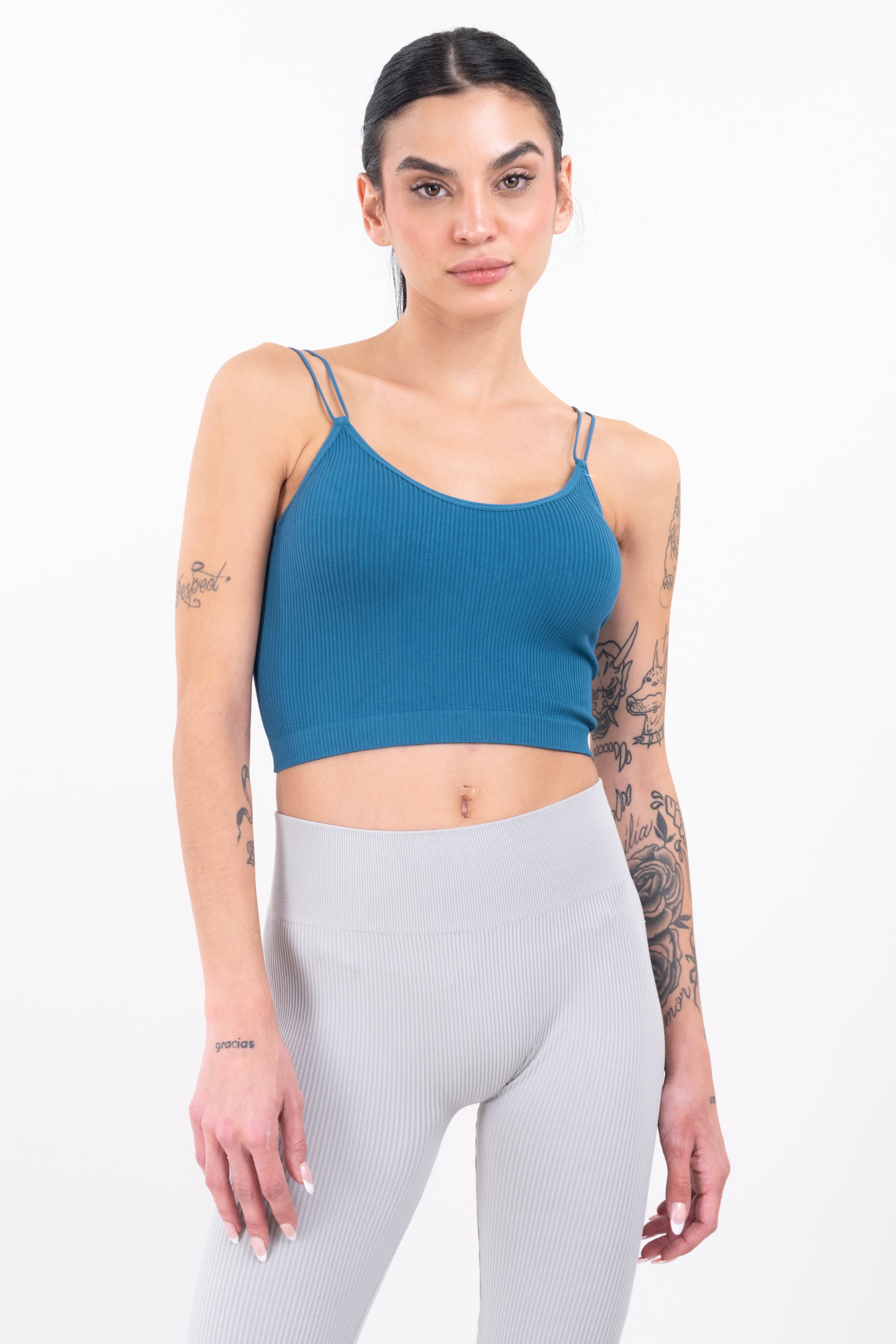 Top crop acanalado tirantes delgados AZUL