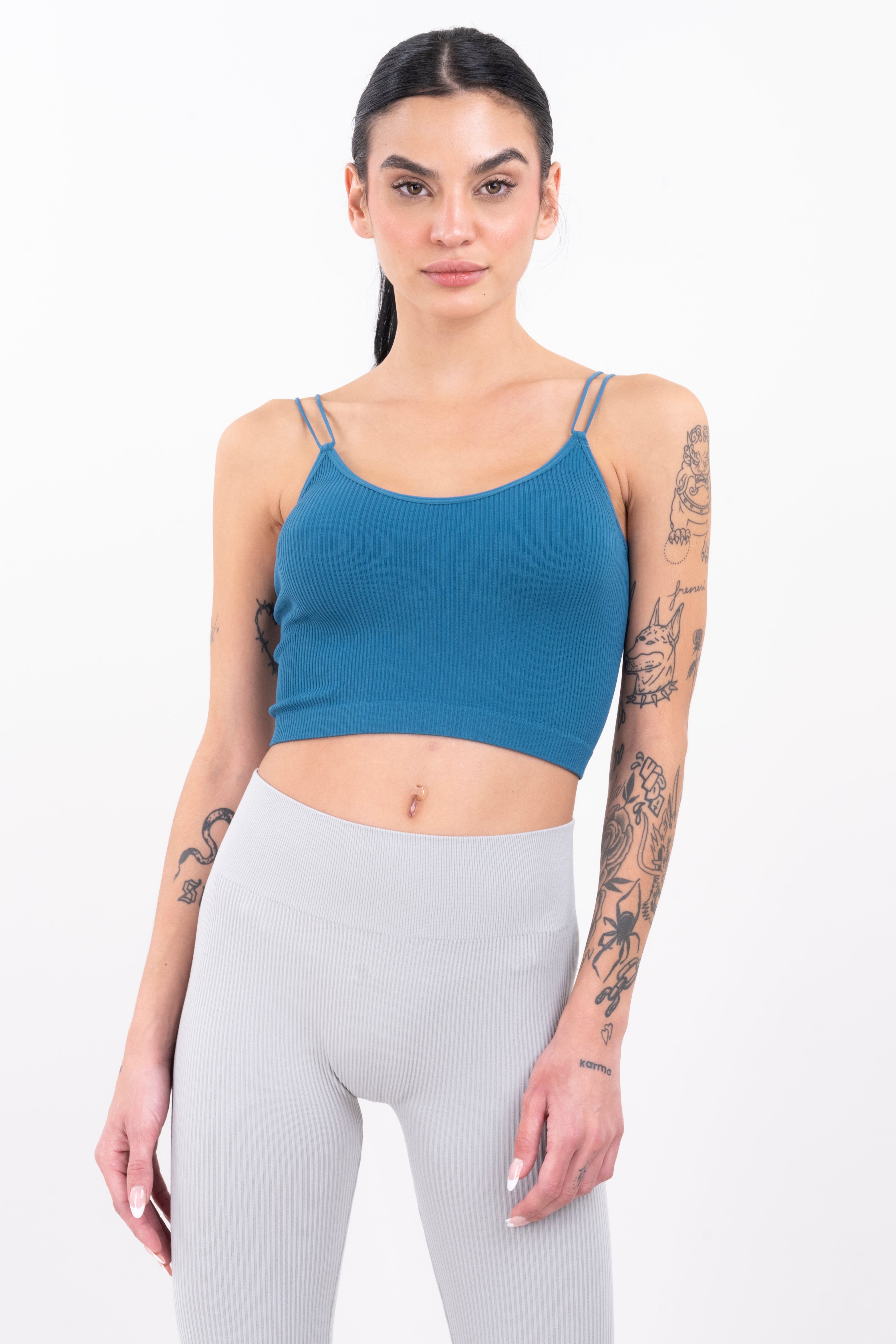 Top crop acanalado tirantes delgados AZUL