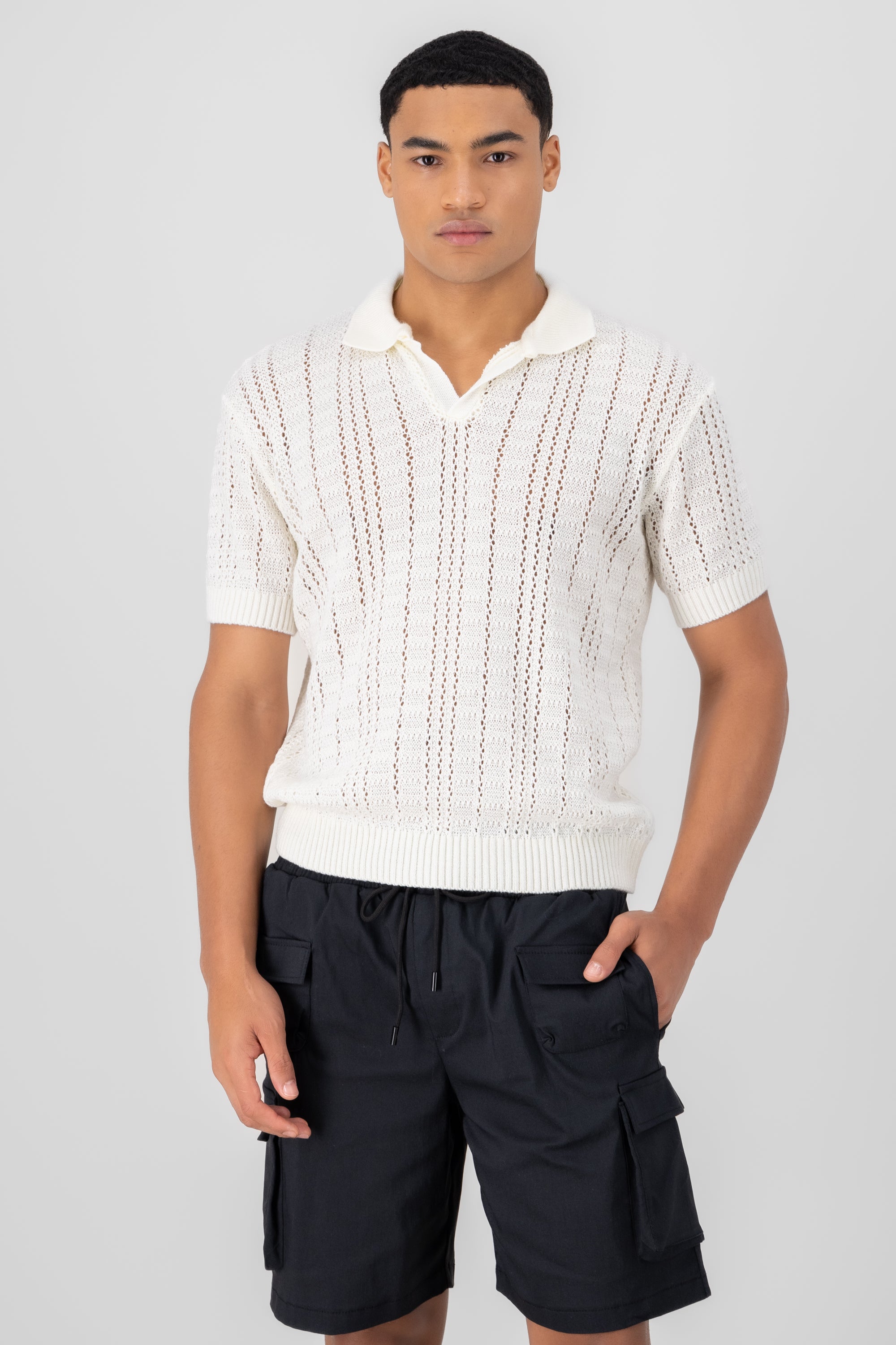 Camisa polo tejido crochet HUESO