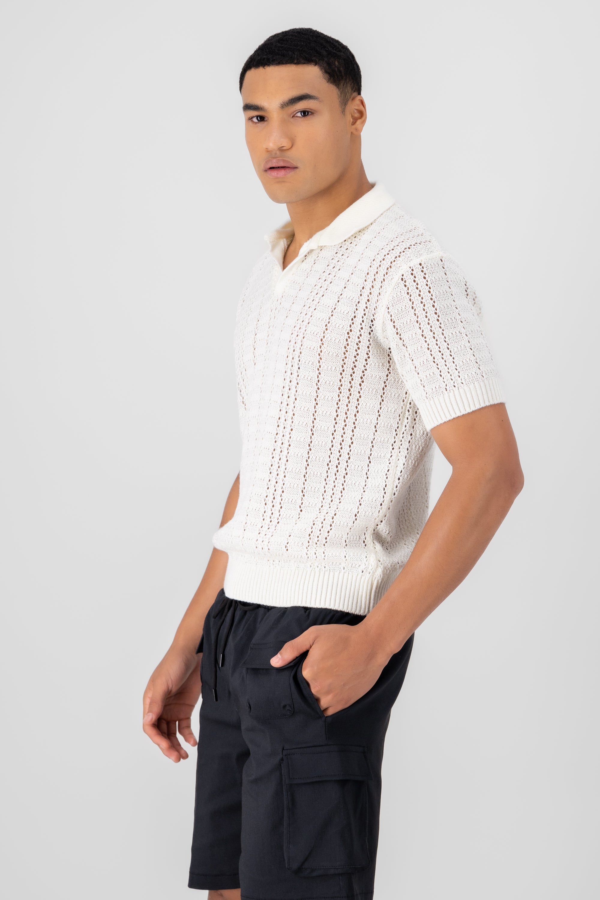 Camisa polo tejido crochet HUESO