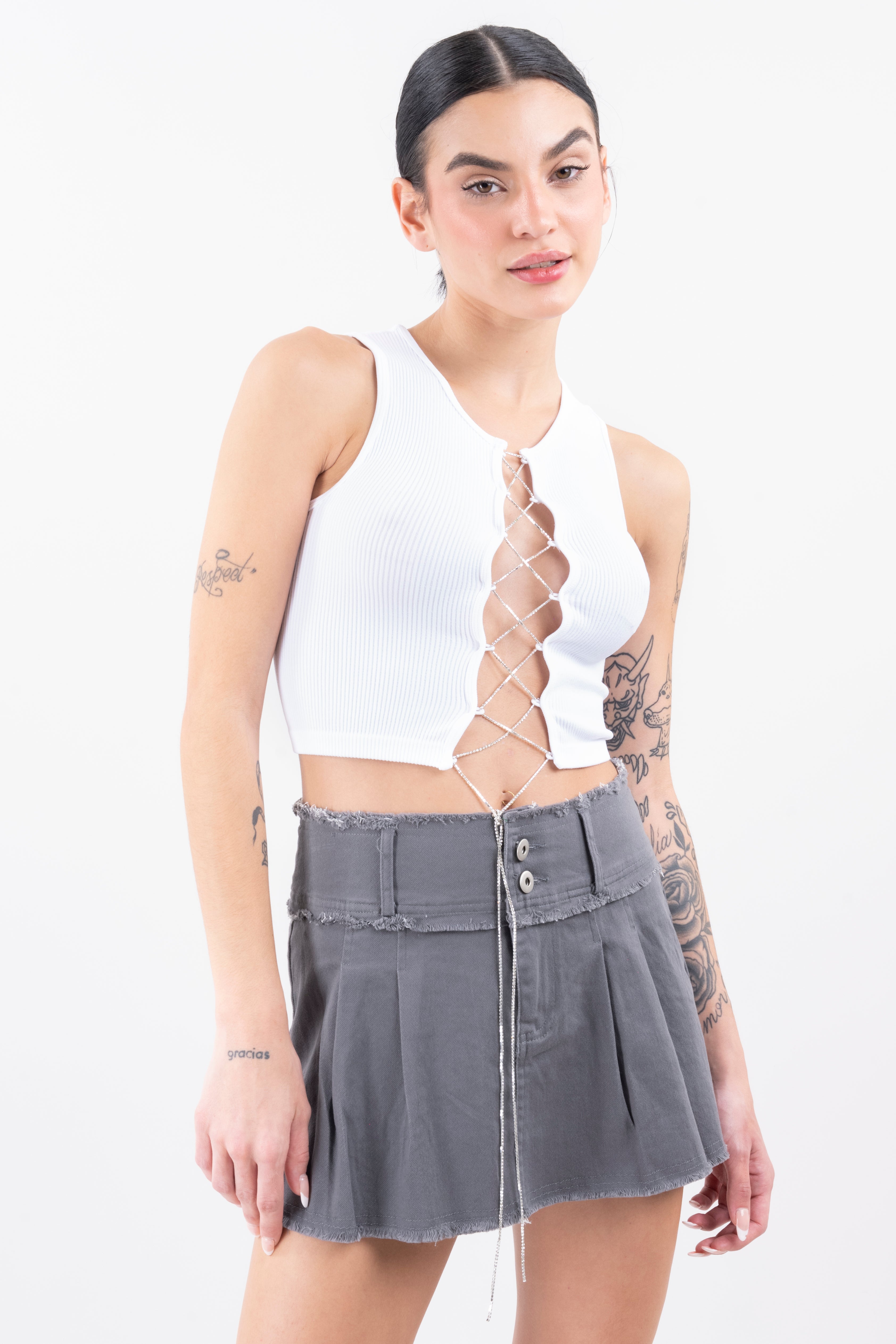 Top acanalado lace up BLANCO