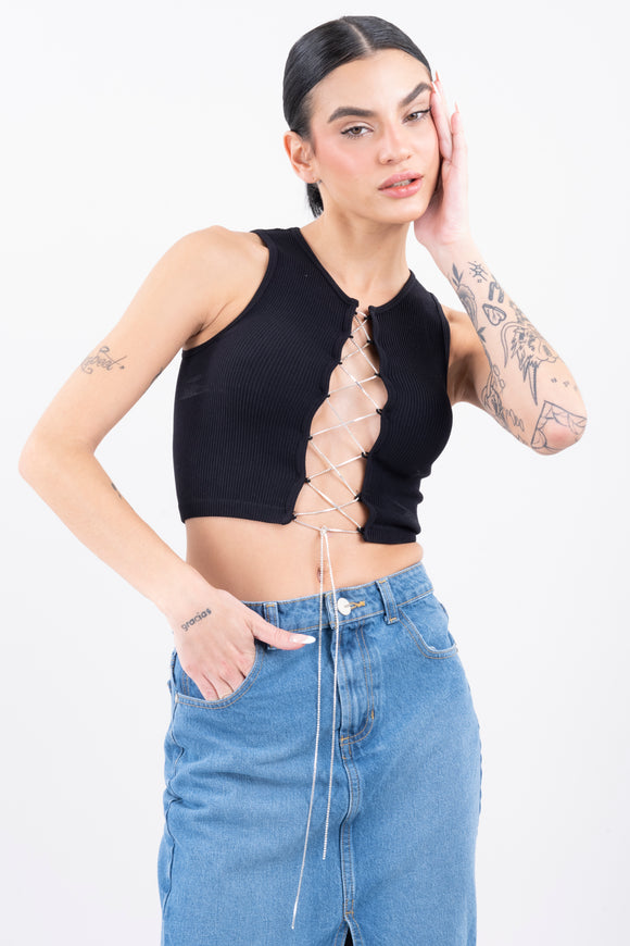 Top acanalado lace up