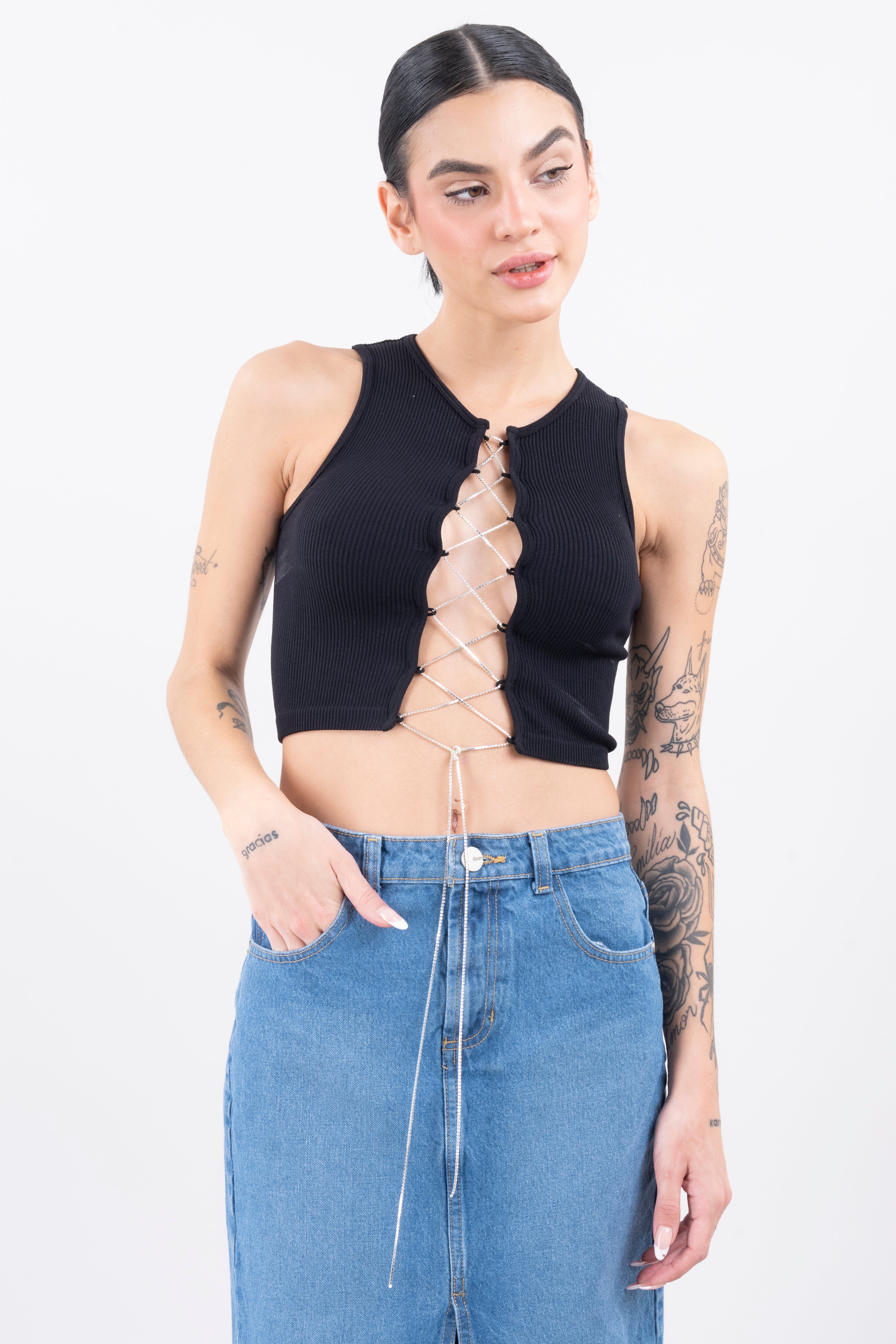 Top acanalado lace up NEGRO