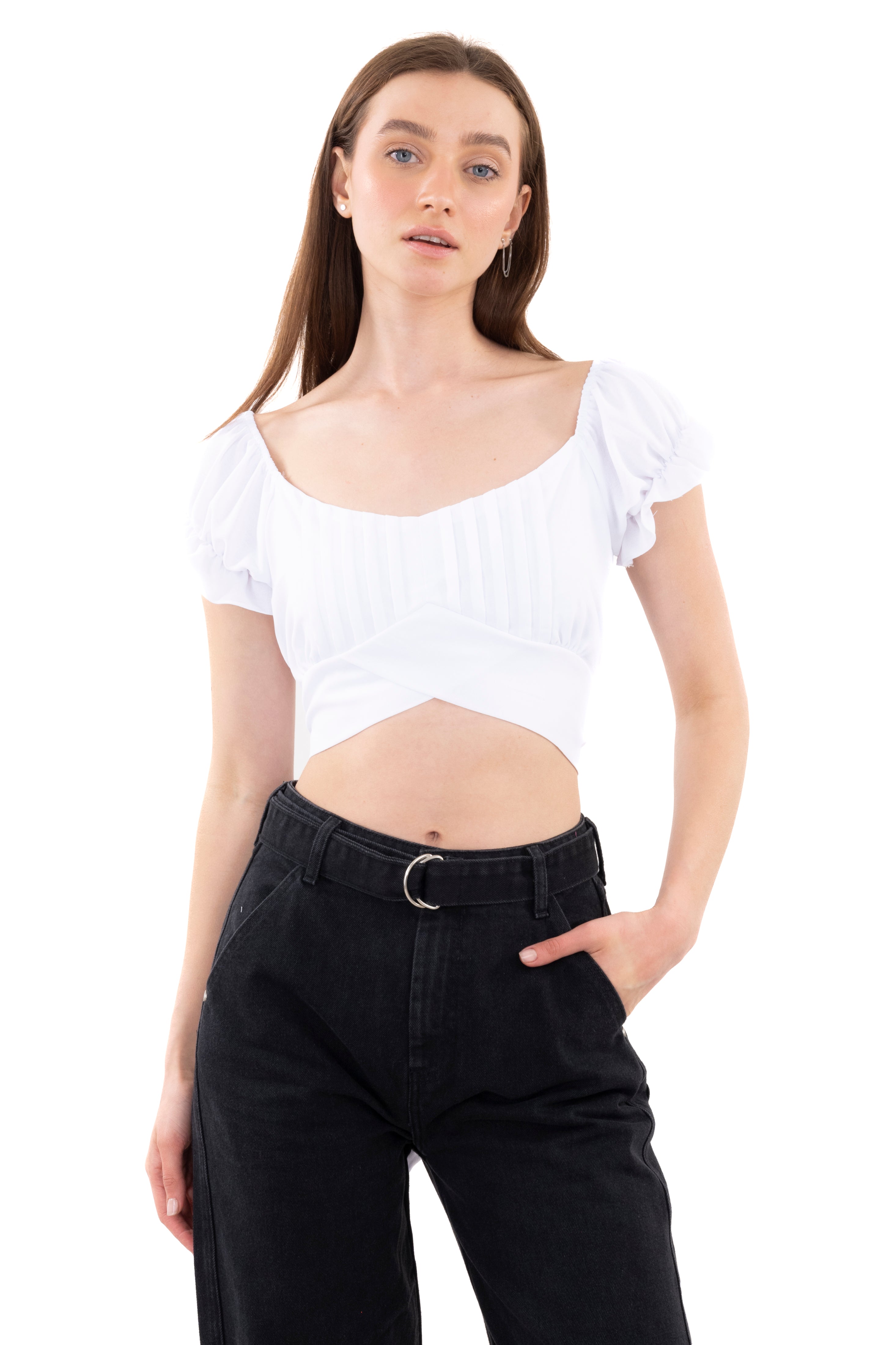 Top escote plisado cintas BLANCO