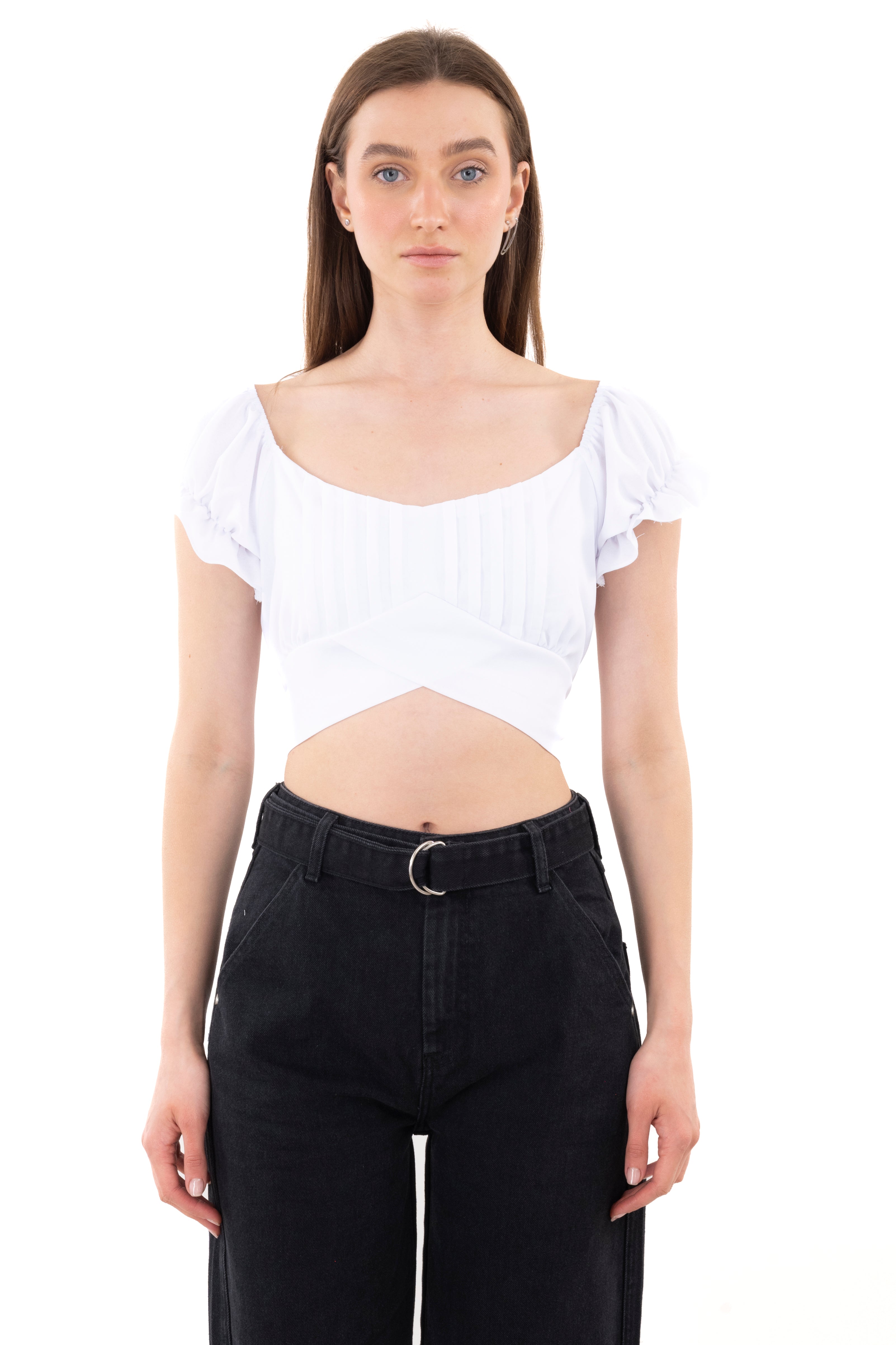 Top escote plisado cintas BLANCO