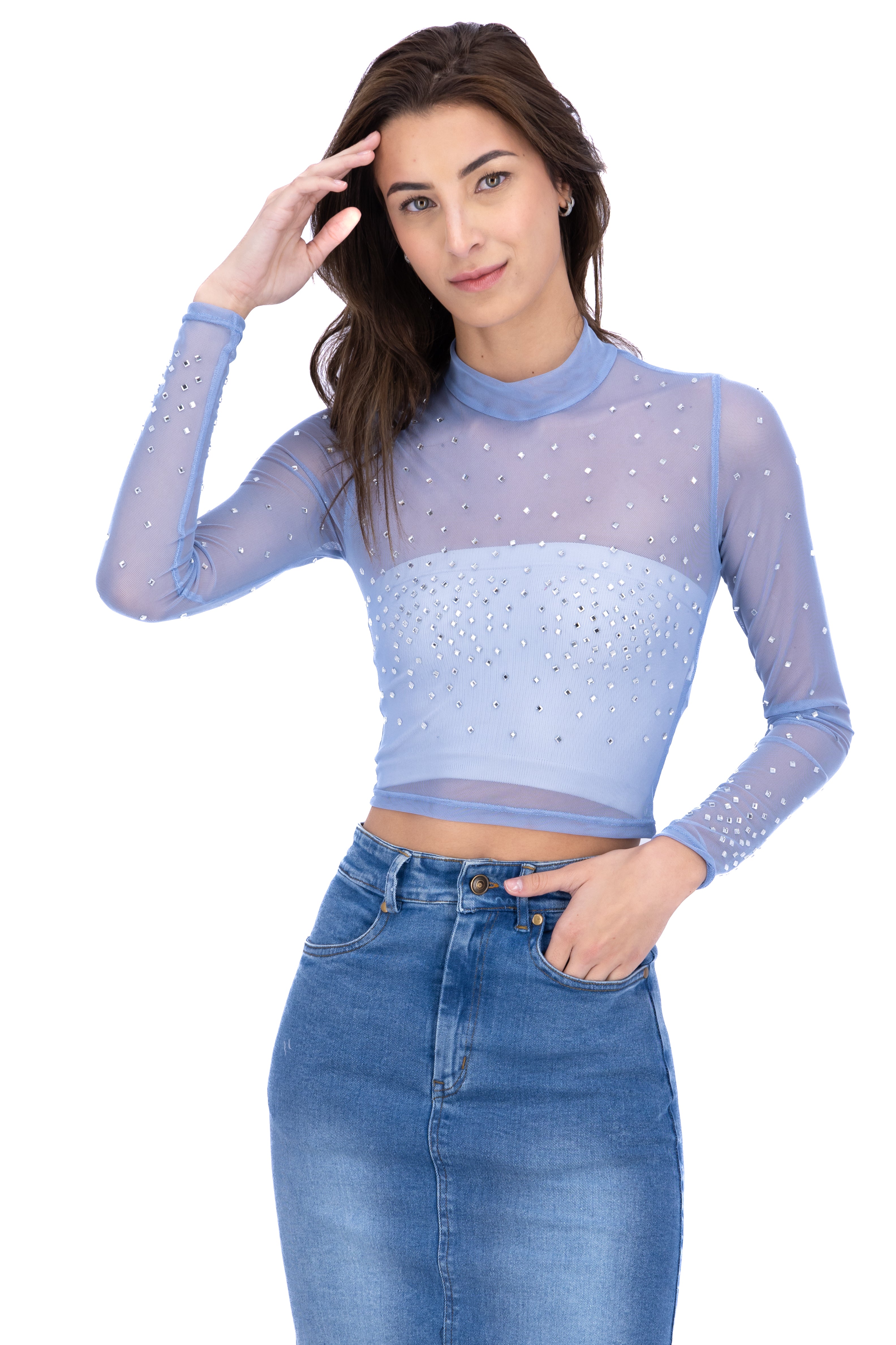 Top mesh cuello mao brillos AZUL CIELO