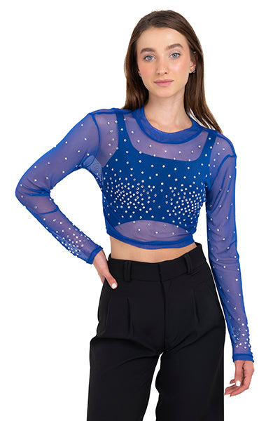 Top mesh cuello mao brillos AZUL REY