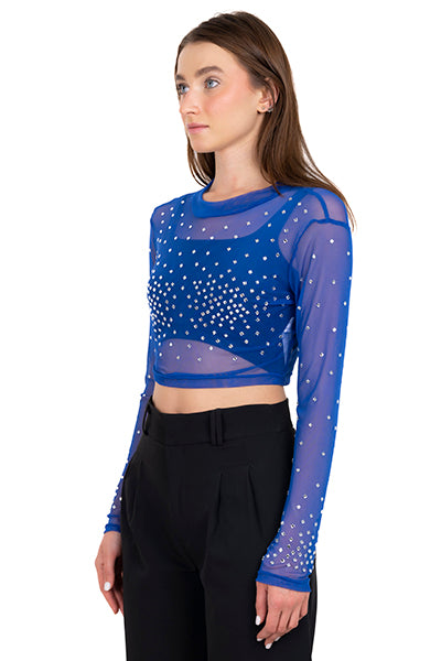 Top mesh cuello mao brillos AZUL REY