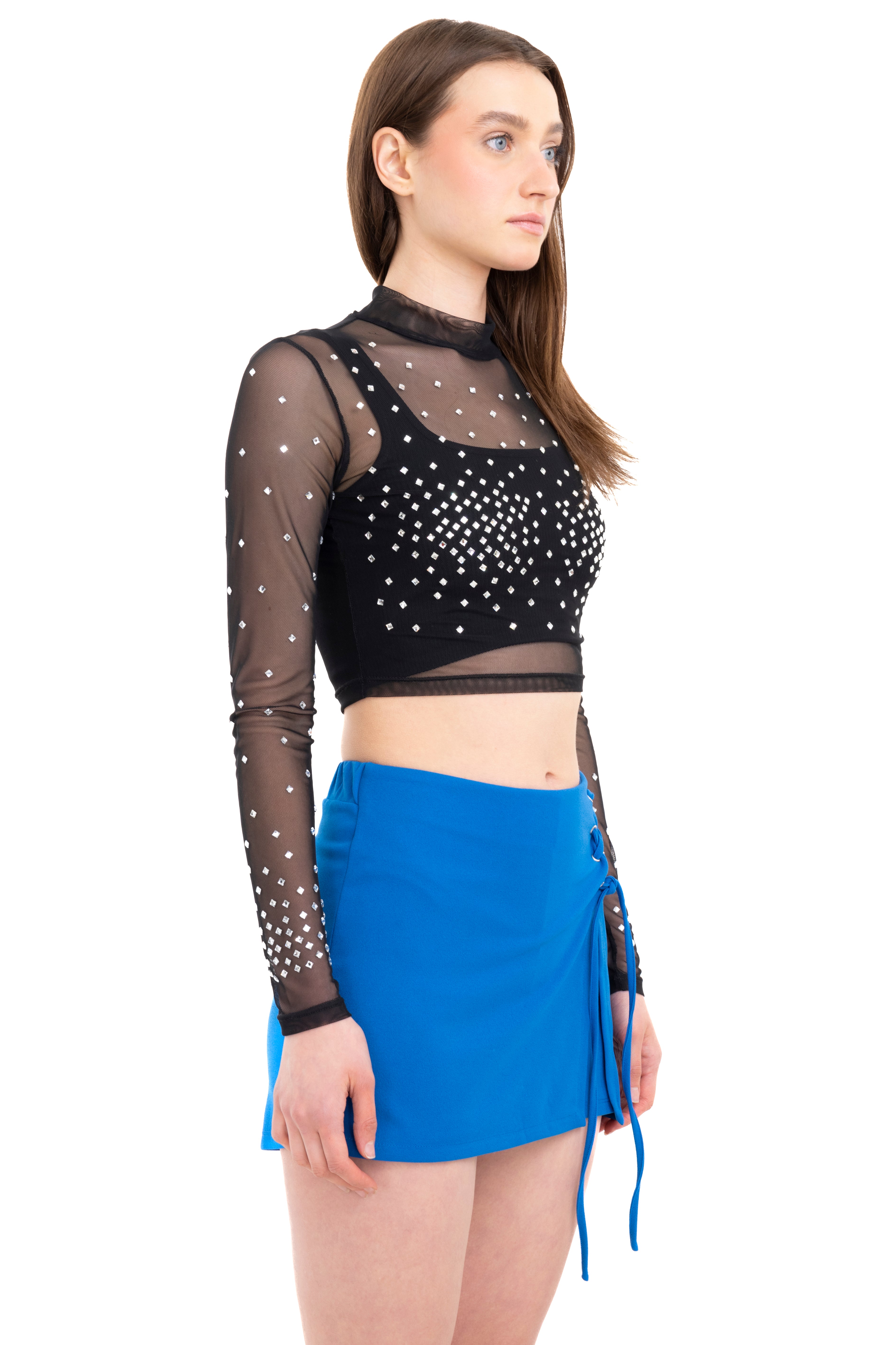 Top mesh cuello mao brillos NEGRO