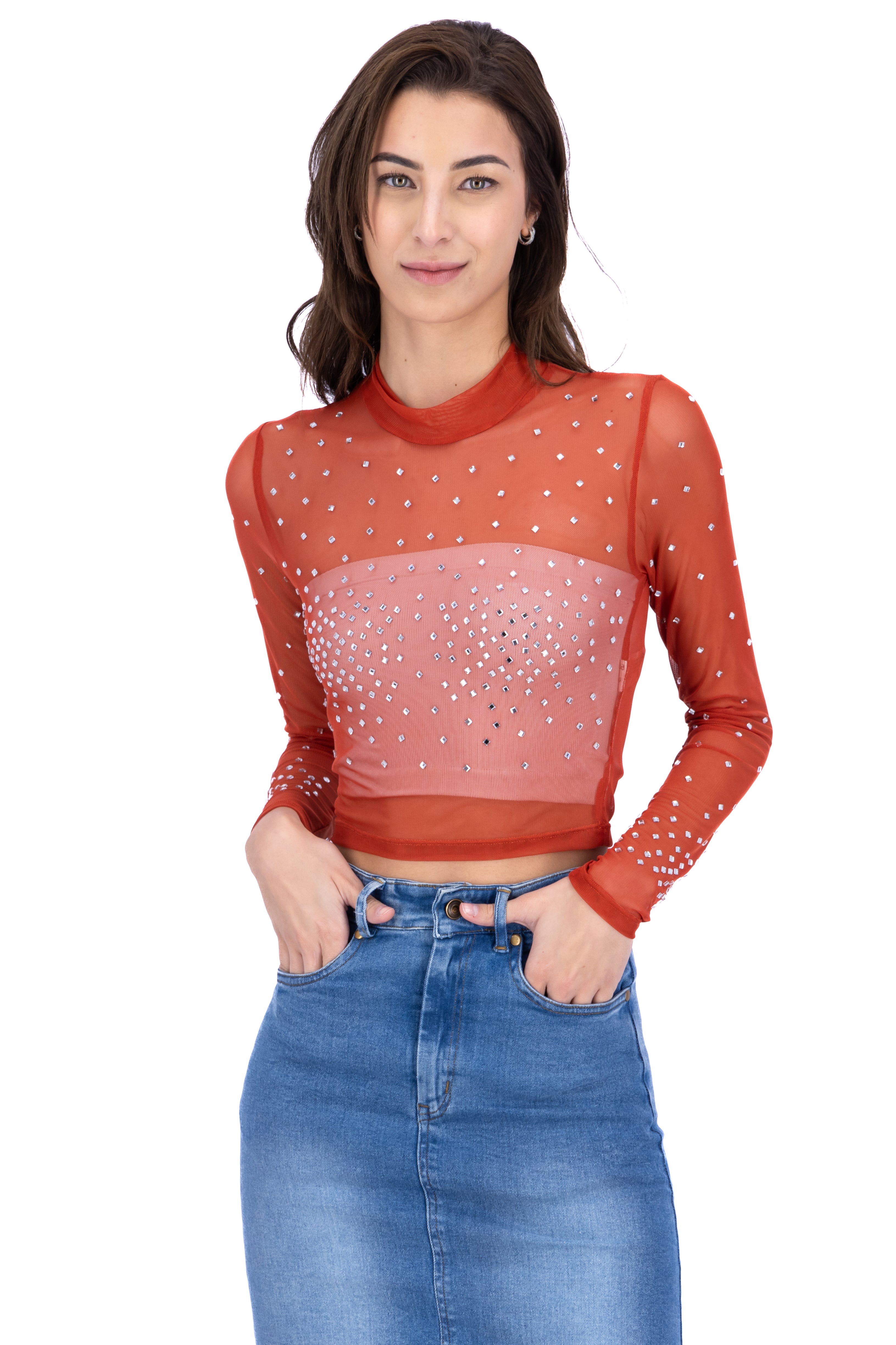 Top mesh cuello mao brillos LADRILLO