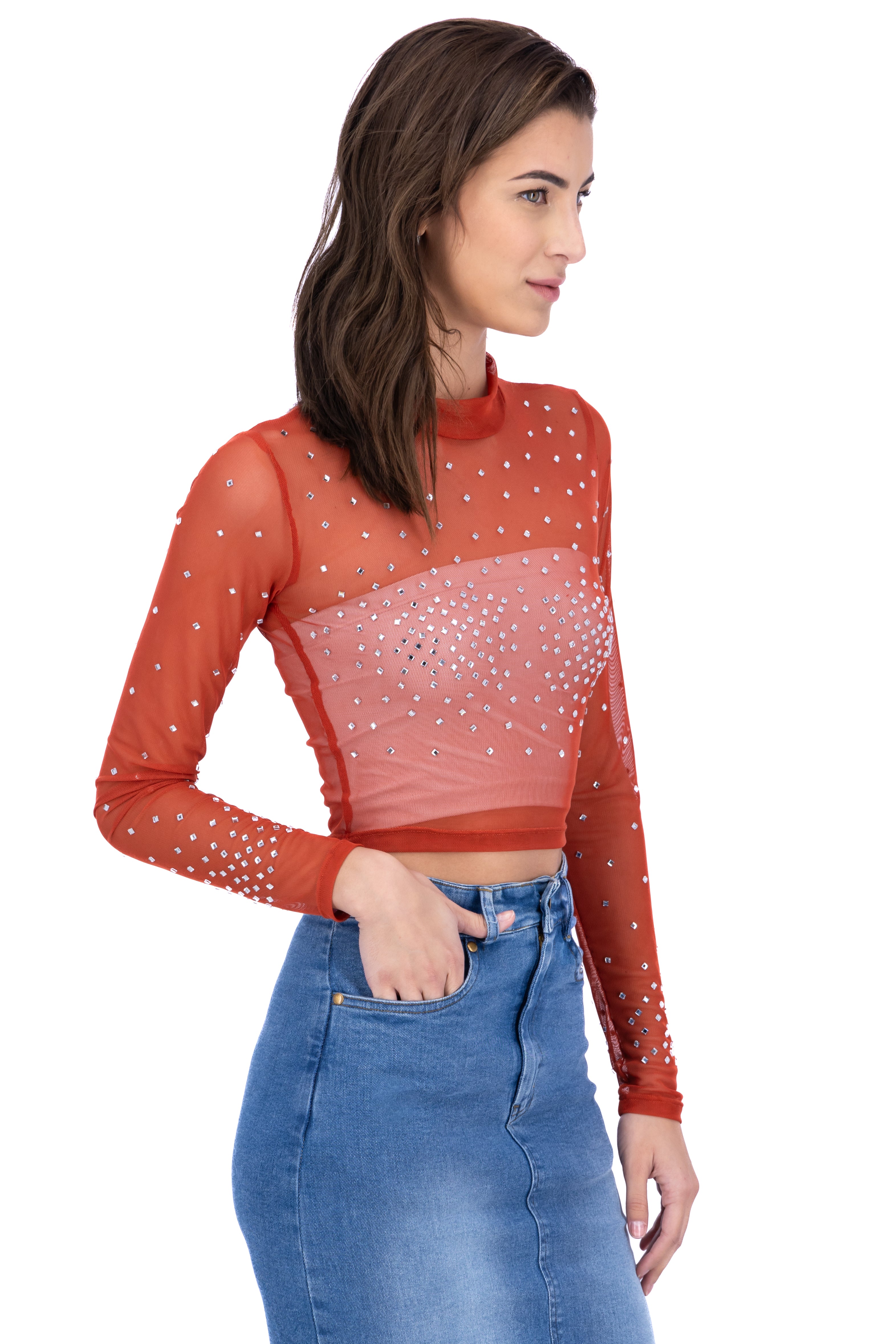 Top mesh cuello mao brillos LADRILLO