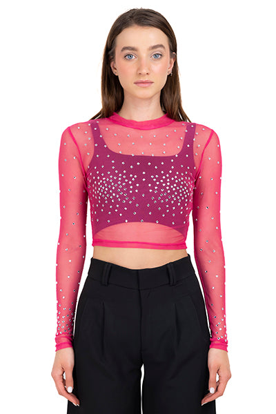 Top mesh cuello mao brillos