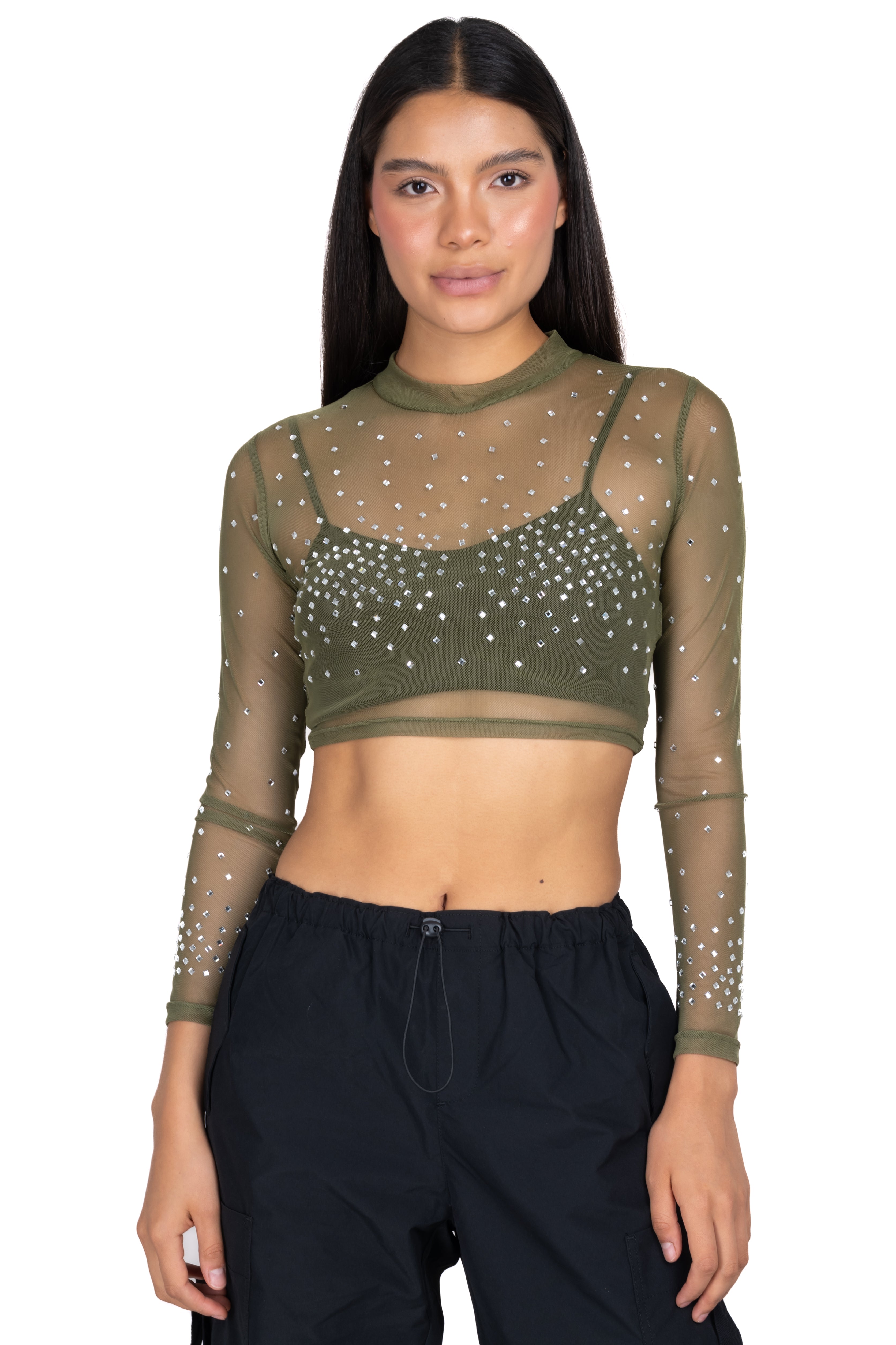 Top mesh cuello mao brillos OLIVO