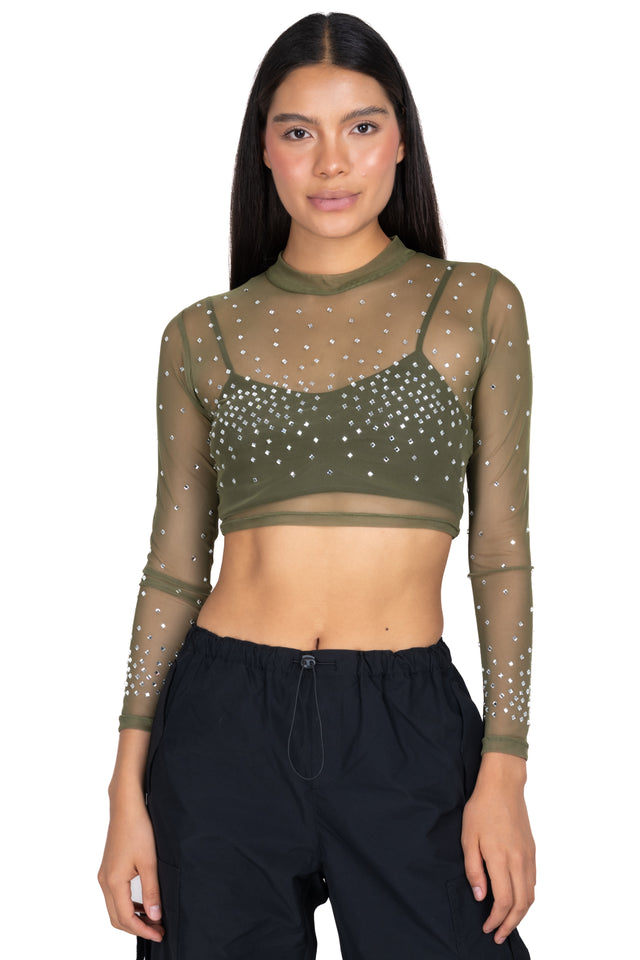 Top mesh cuello mao brillos