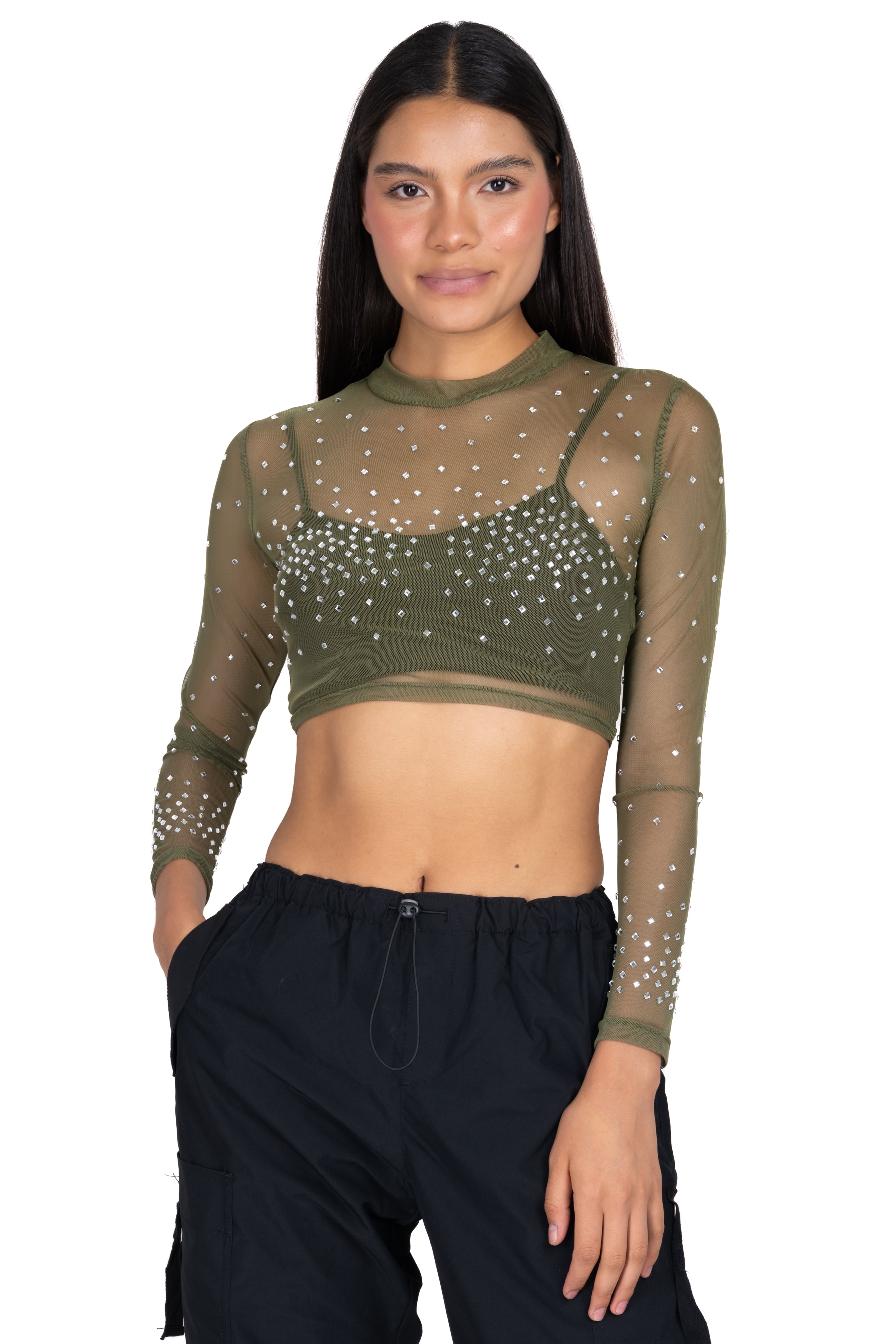 Top mesh cuello mao brillos OLIVO