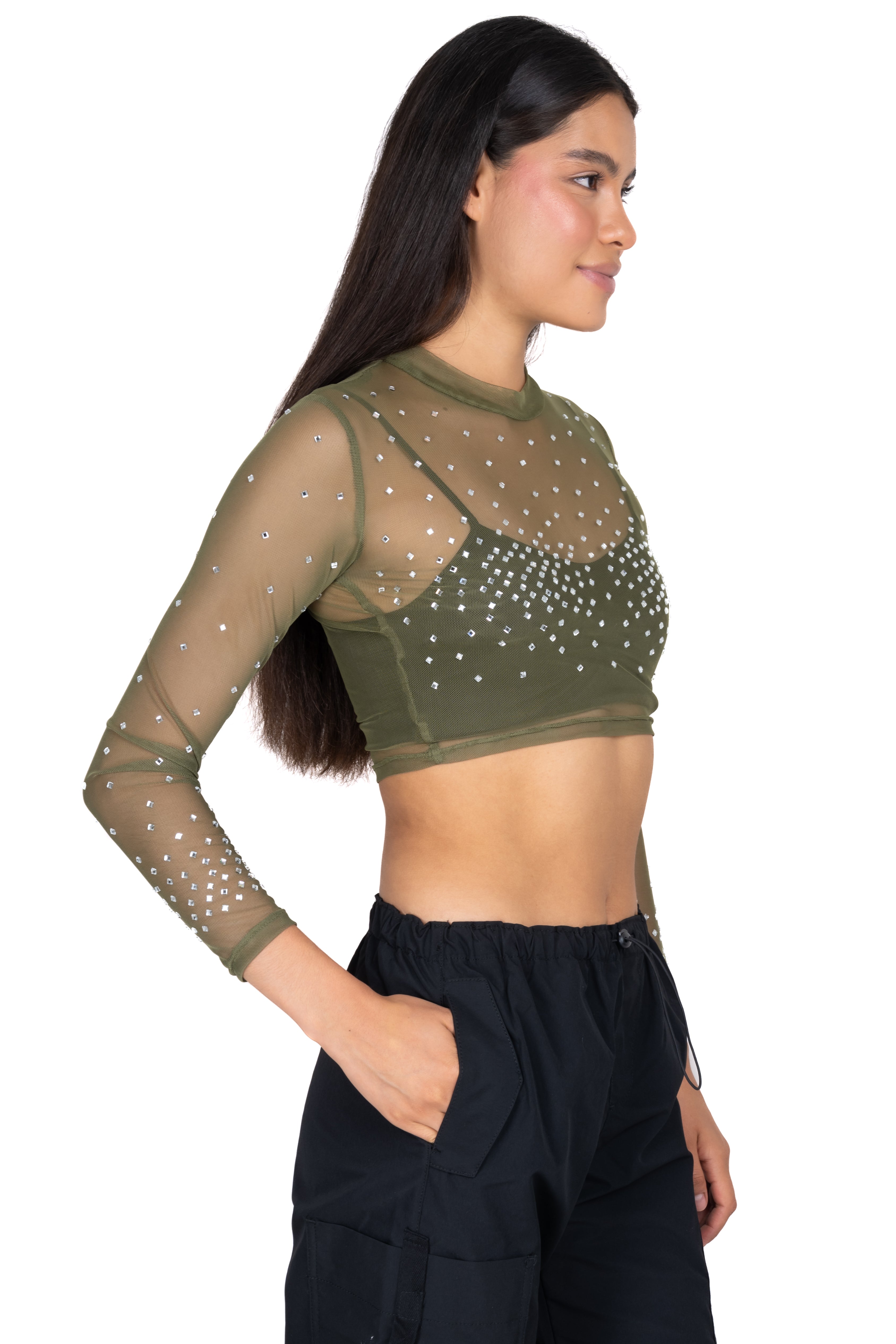 Top mesh cuello mao brillos OLIVO