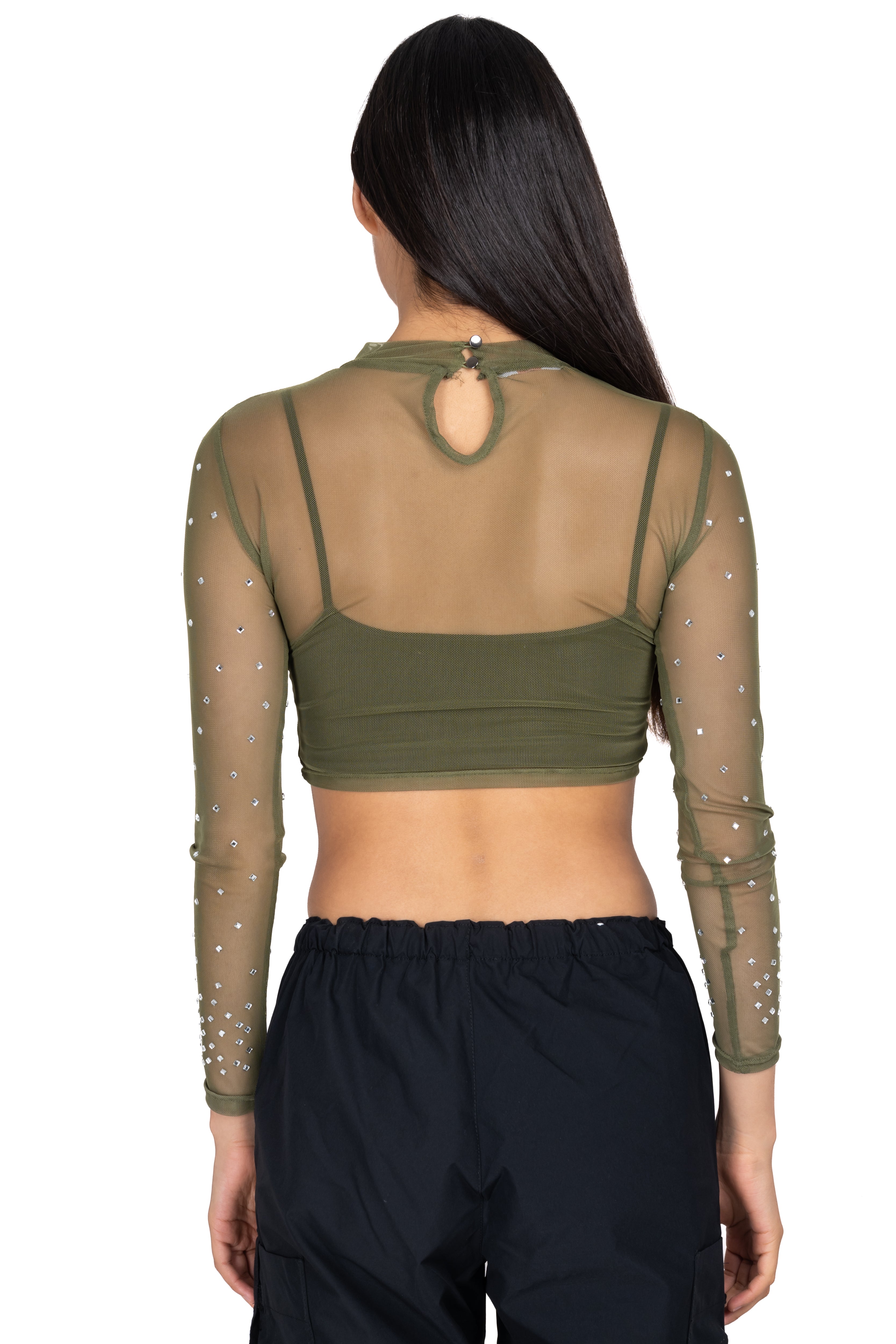 Top mesh cuello mao brillos OLIVO