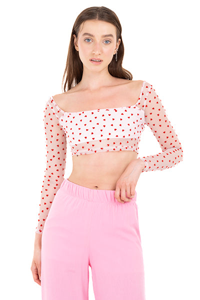 Top crop mesh corazón flock