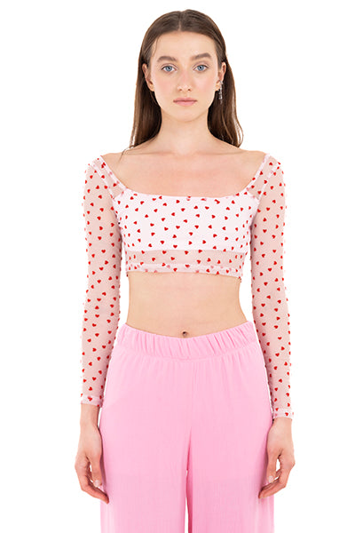 Top crop mesh corazón flock ROSA COMBO