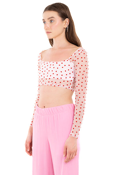 Top crop mesh corazón flock ROSA COMBO
