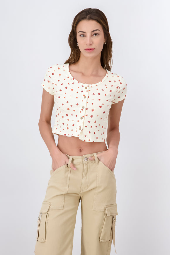 Top Acanalado Botones Flores