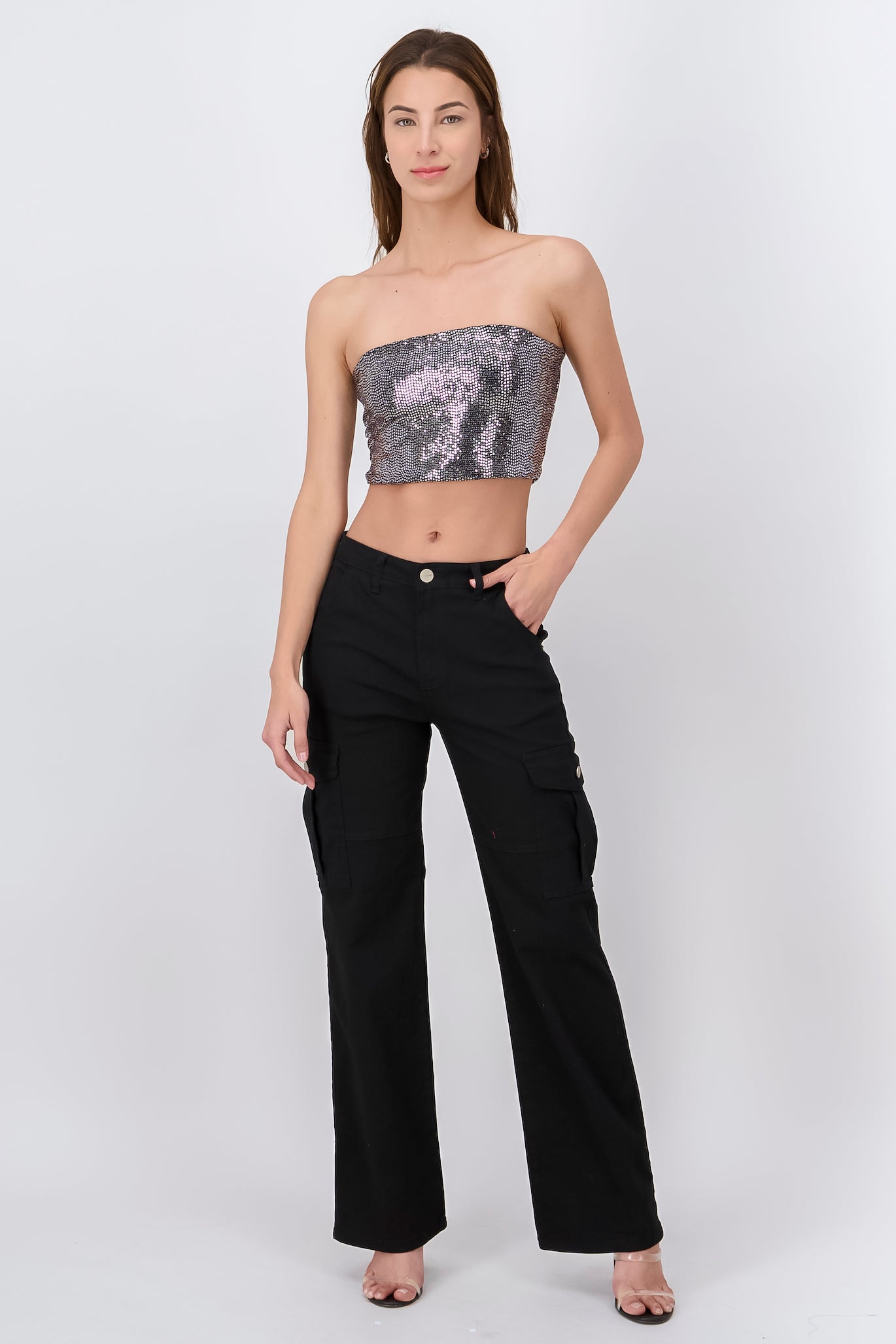 Jeans cargo wide leg bolsillos NEGRO