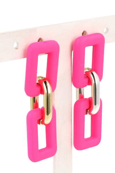 Aretes eslabones cuadrados bicolor ROSA NEON