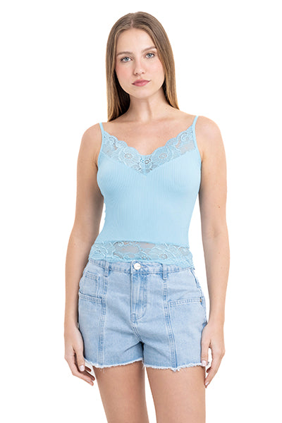 Top rib escote encaje AZUL