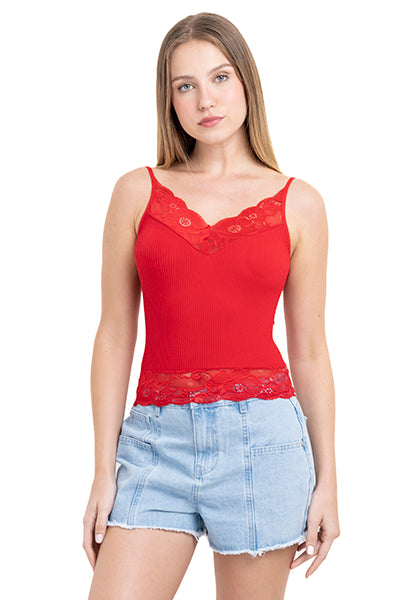 Top rib escote encaje ROJO