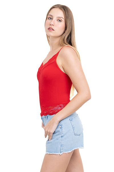 Top rib escote encaje ROJO
