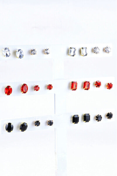 12 Pares Aretes Cristal Brillos ROJO